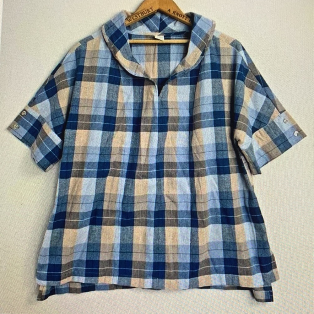 Plaid Blue and Tan Women's Top